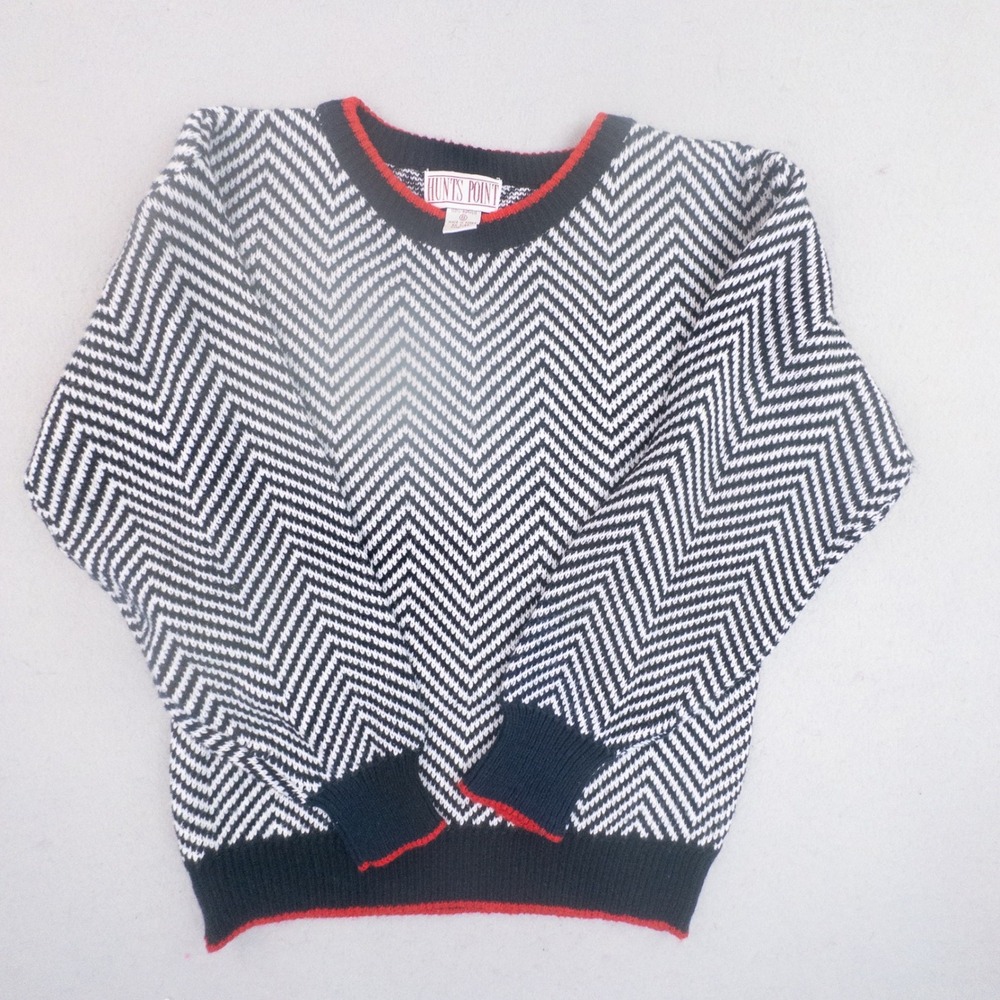 Vintage Hunts Point Sweater Black White Chevron Zig Zag Red Trim Small